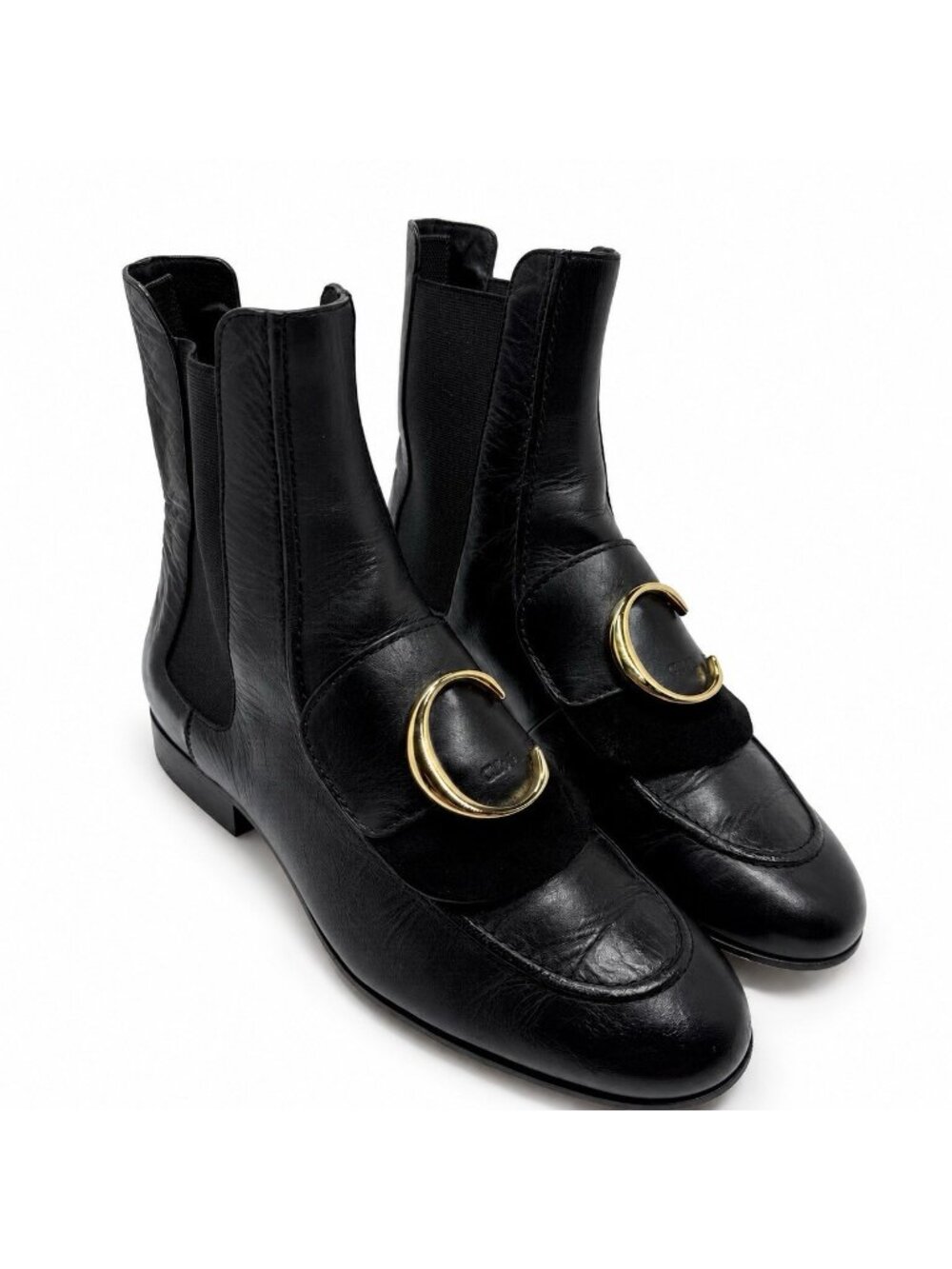 Chloe C Logo Leather Chelsea Boots Womens Size 7 Black Gold Buckle Suede Luxury